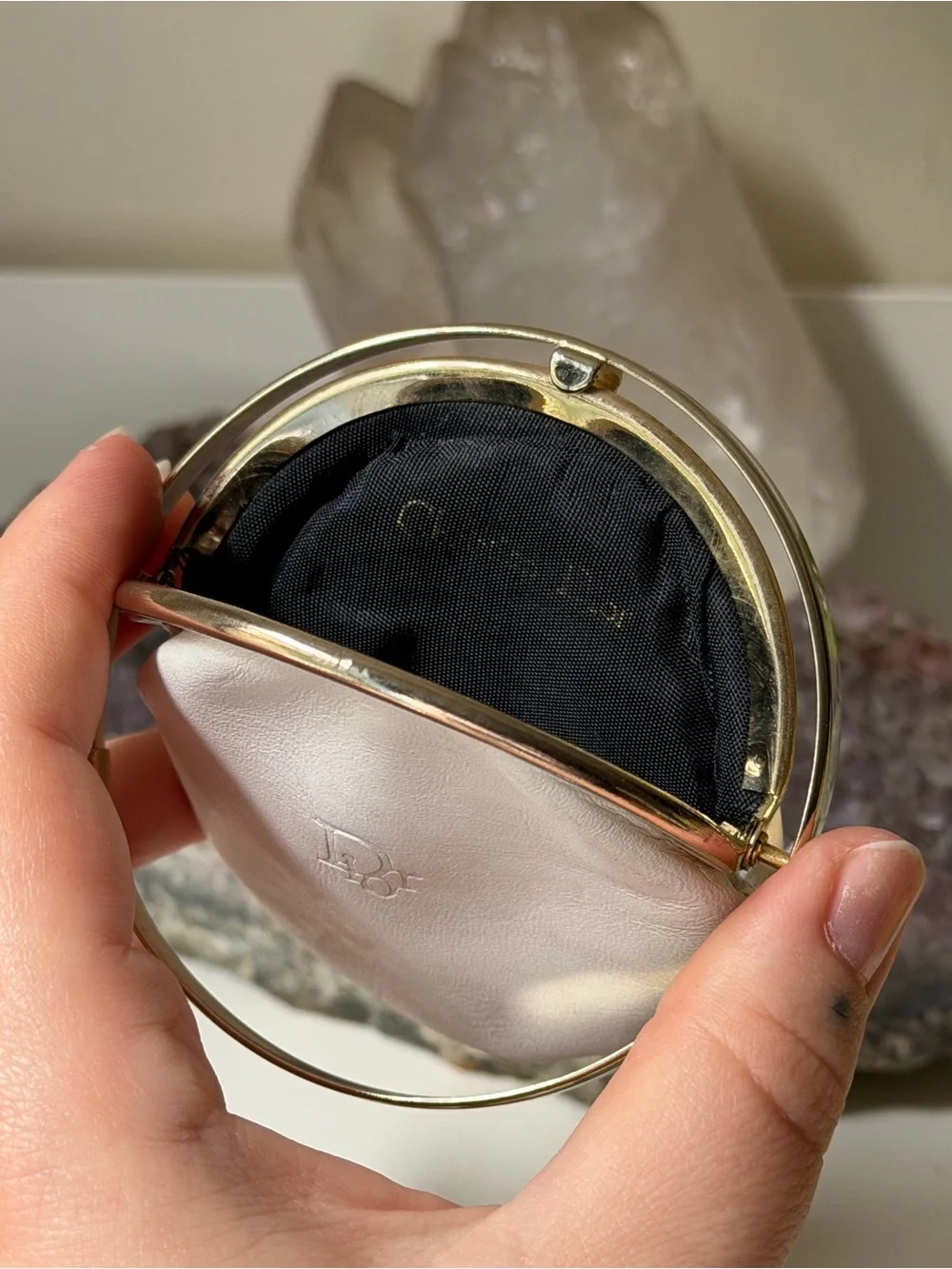 Vintage Dior 60s White Leather Circle Coin Purse with Gold Orbit Kiss Closure